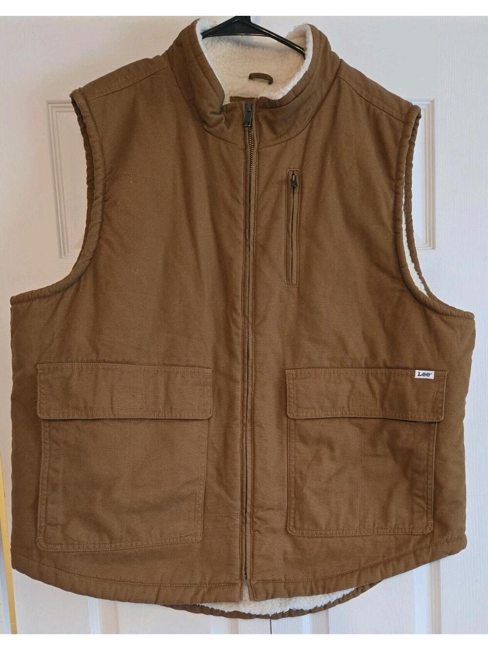 Vtg Lee Mens Sherpa Canvas Vest Brown Workwear Utility Sz Xl Sleeveless